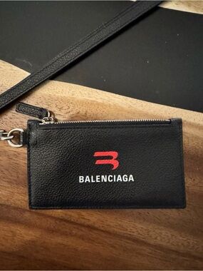 Balenciaga Black Leather Logo Zip Card Holder with Red Emblem